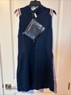 NWT 💙 Adidas, Sleeveless Navy Mini Dress with high waist under shorts. Sz Large.